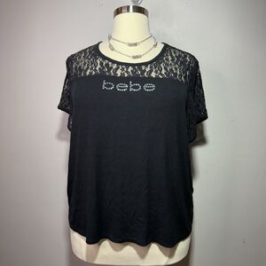 Bebe Black Lace Sequin Logo Top Women’s Plus Size 3X